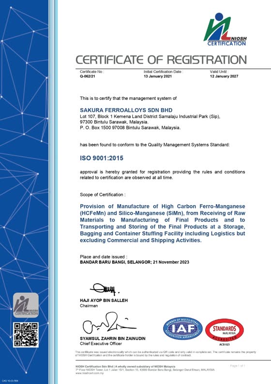 Sakura Ferroalloys ISO 45001:2018 Occupational Health & Safety certificate